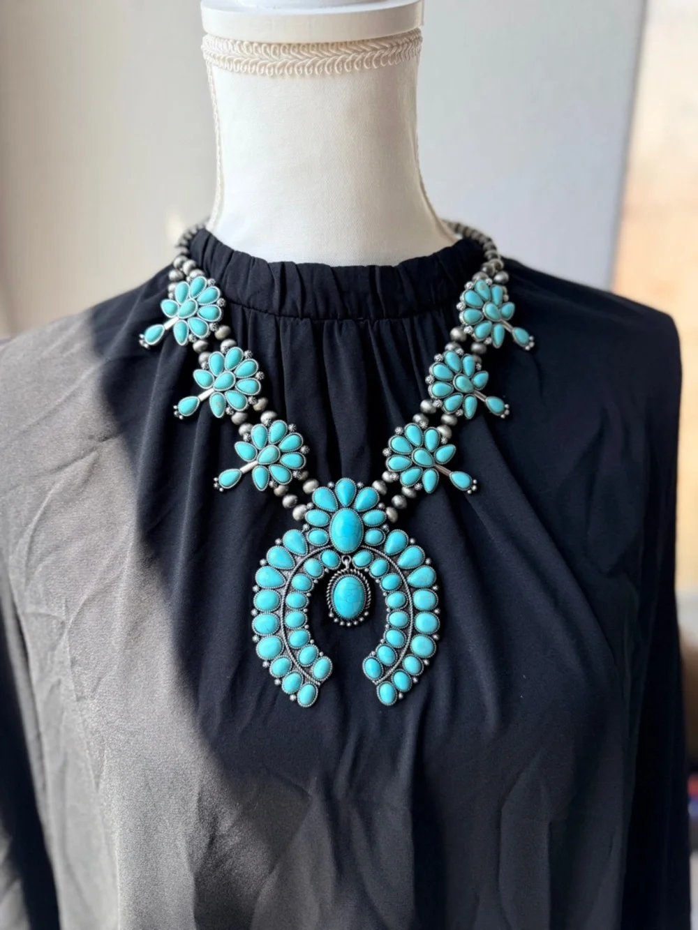 Western Fashion Turquoise Squash Blossom Statement Necklace & Earring Set